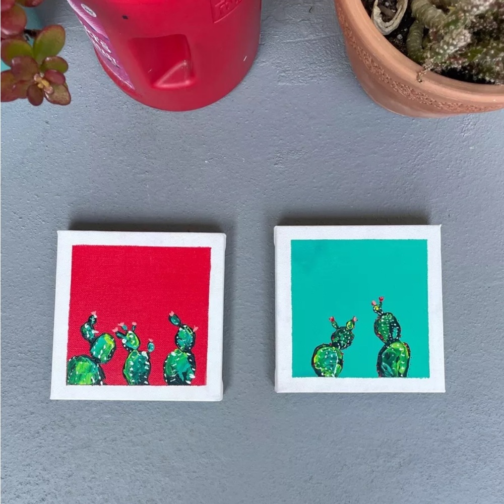Two Original Cactus Acrylic Paintings 6 X 6 Inches Red Blue